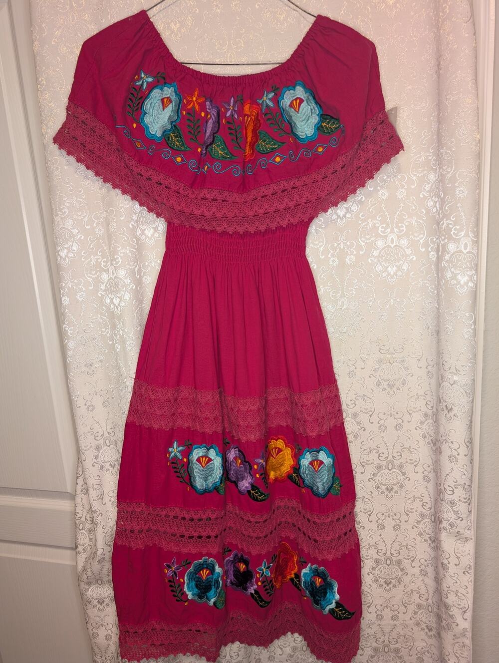 Mexican Embroidered Dress Pink Floral Off Shoulder Smocked Fiesta Midi SZ S/M